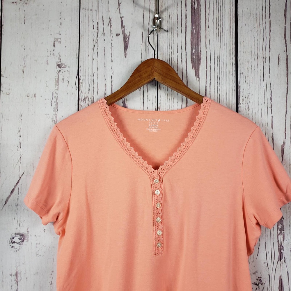 Mountain Lake Henley Top Womens Size Large Petite Short Sleeve Orange